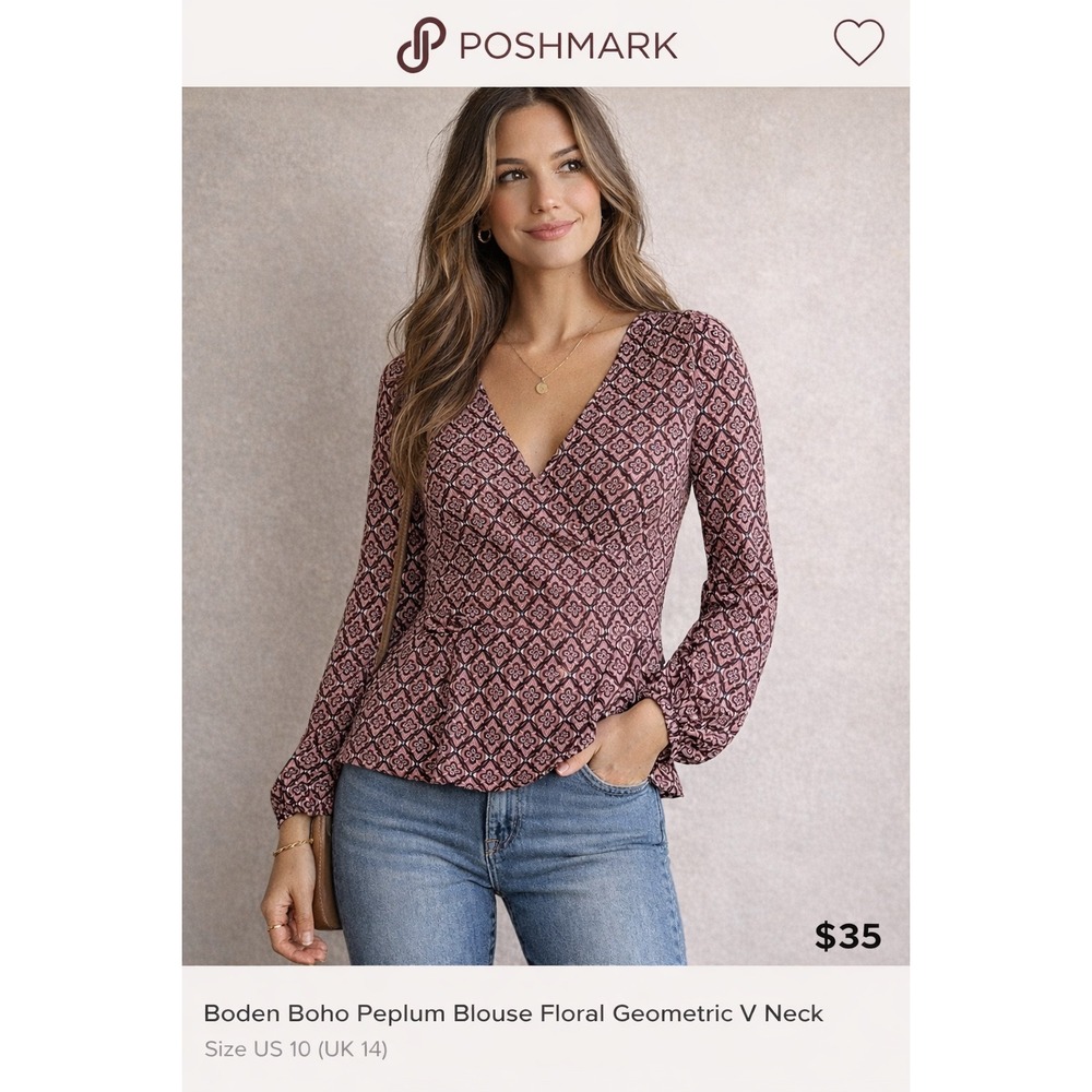 Boden Boho Peplum Blouse Floral Geometric V Neck Long Sleeve Size 10